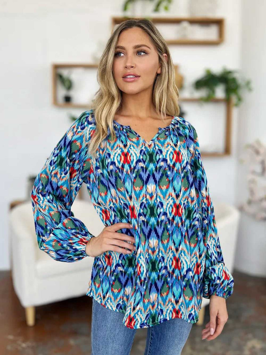 Double Take Full Size Printed Balloon Sleeve Blouse - Hopeford Streams