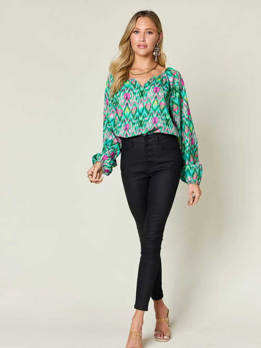 Double Take Full Size Printed Balloon Sleeve Blouse - Hopeford Streams