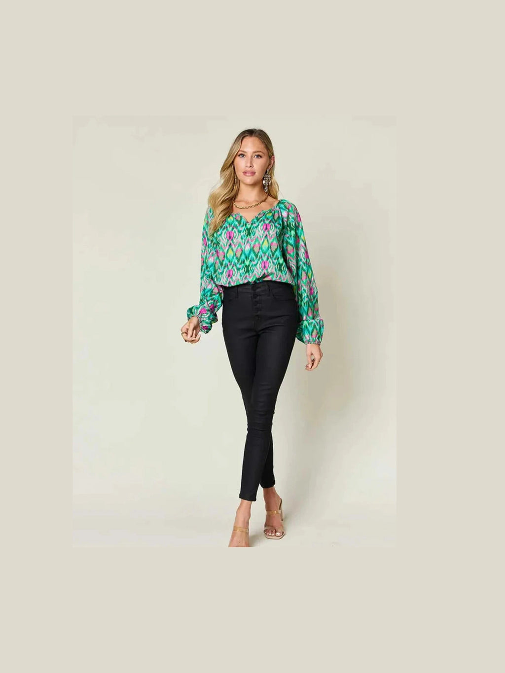 Double Take Full Size Printed Balloon Sleeve Blouse -- 