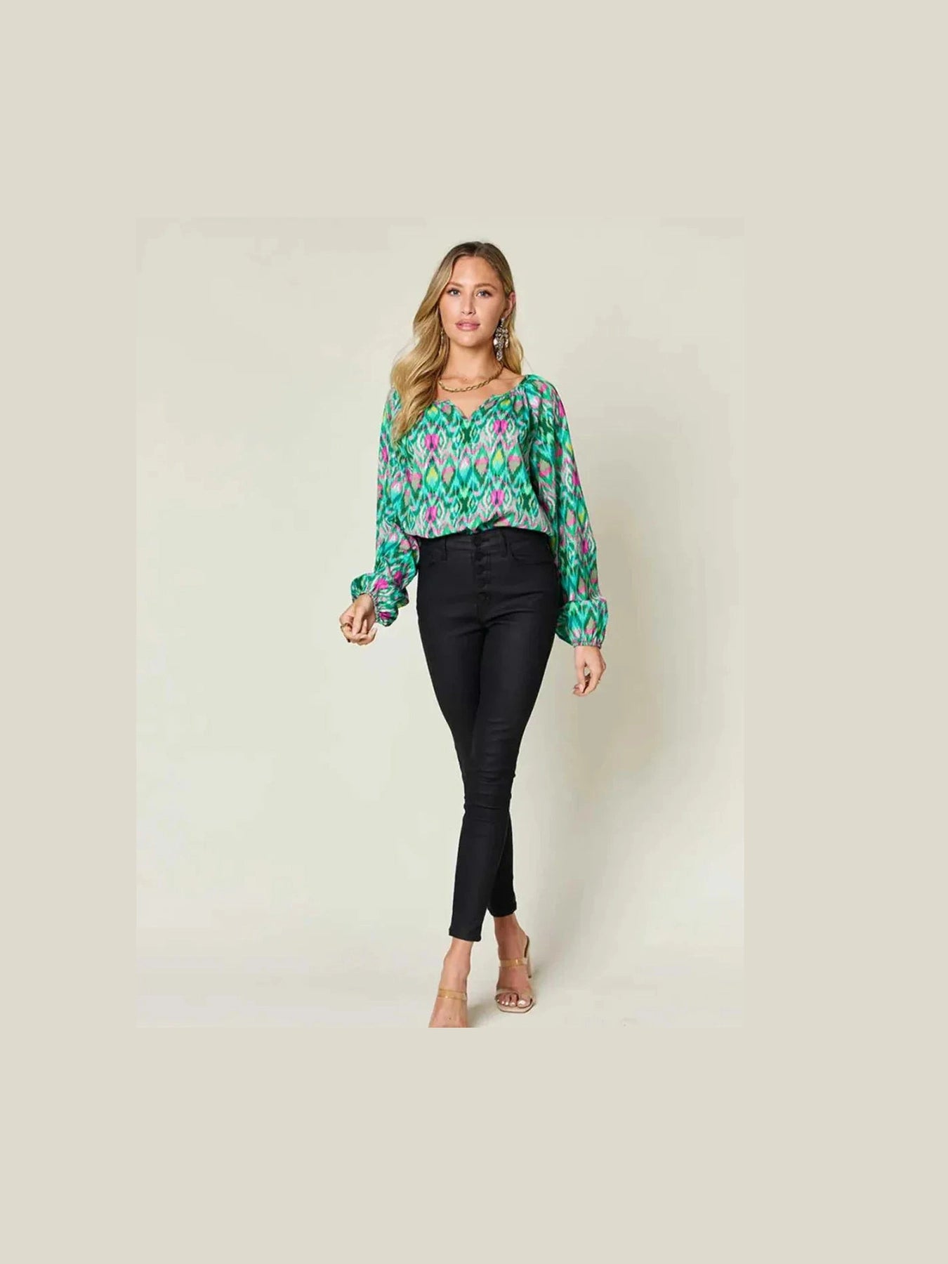 Double Take Full Size Printed Balloon Sleeve Blouse -- 