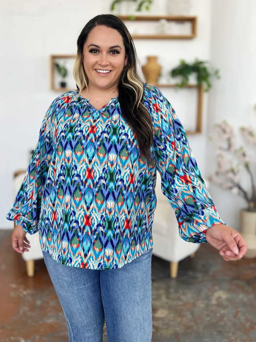 Double Take Full Size Printed Balloon Sleeve Blouse - Hopeford Streams