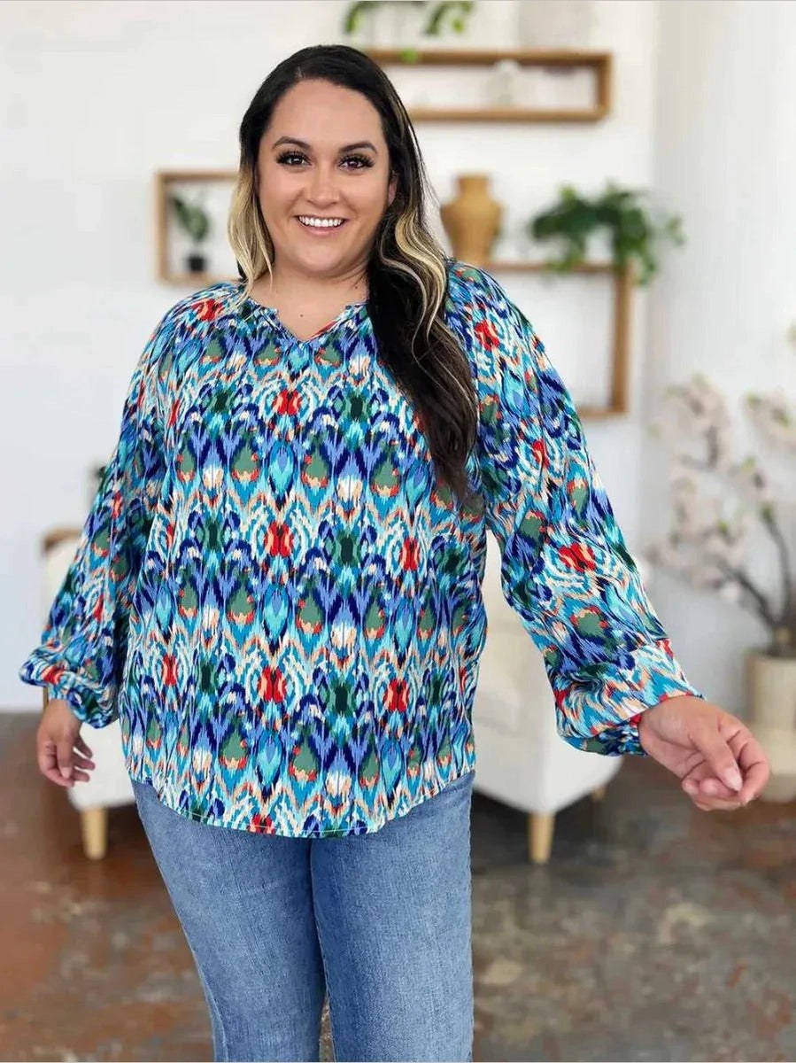 Double Take Full Size Printed Balloon Sleeve Blouse -- 