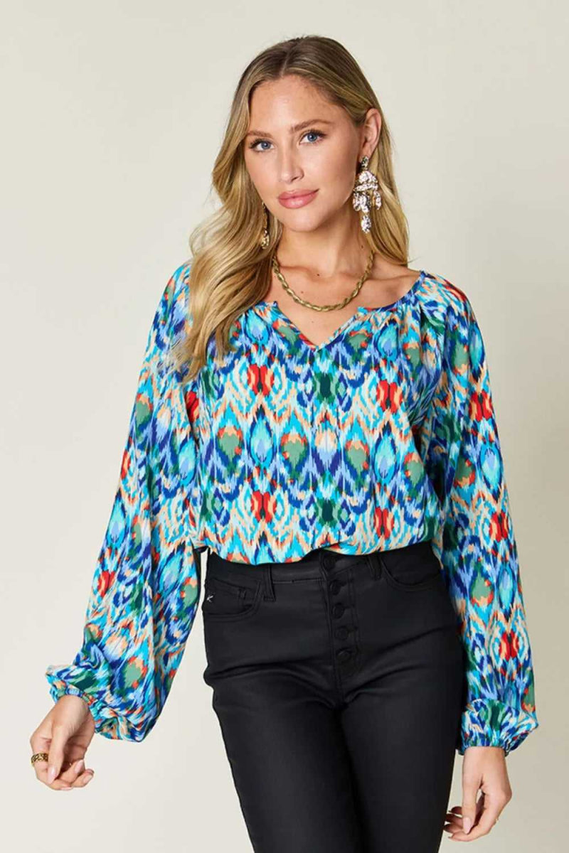 Double Take Full Size Printed Balloon Sleeve Blouse - Hopeford Streams