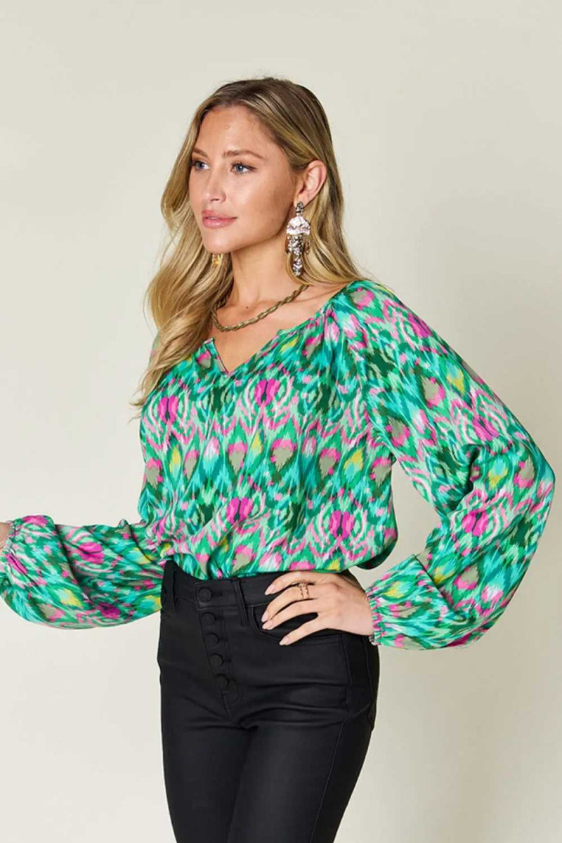 Double Take Full Size Printed Balloon Sleeve Blouse - Hopeford Streams