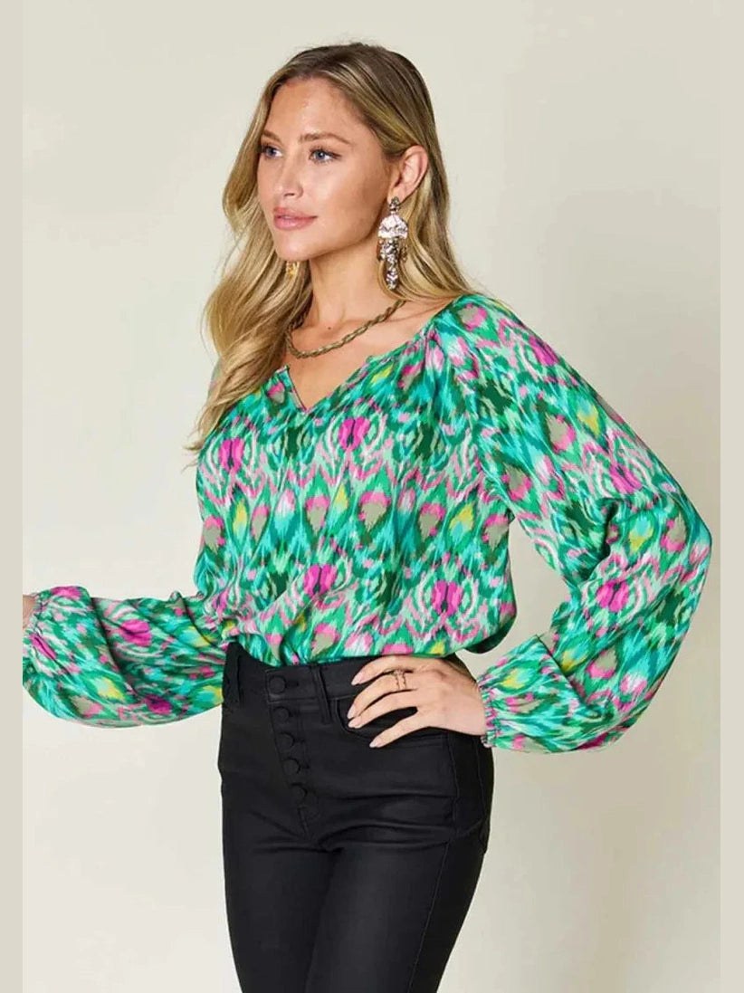 Double Take Full Size Printed Balloon Sleeve Blouse -- 