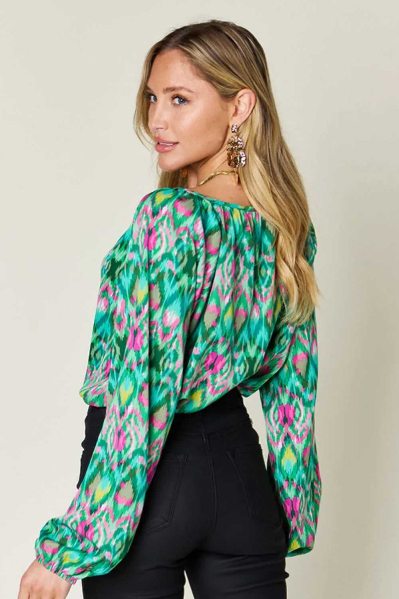 Double Take Full Size Printed Balloon Sleeve Blouse - Hopeford Streams