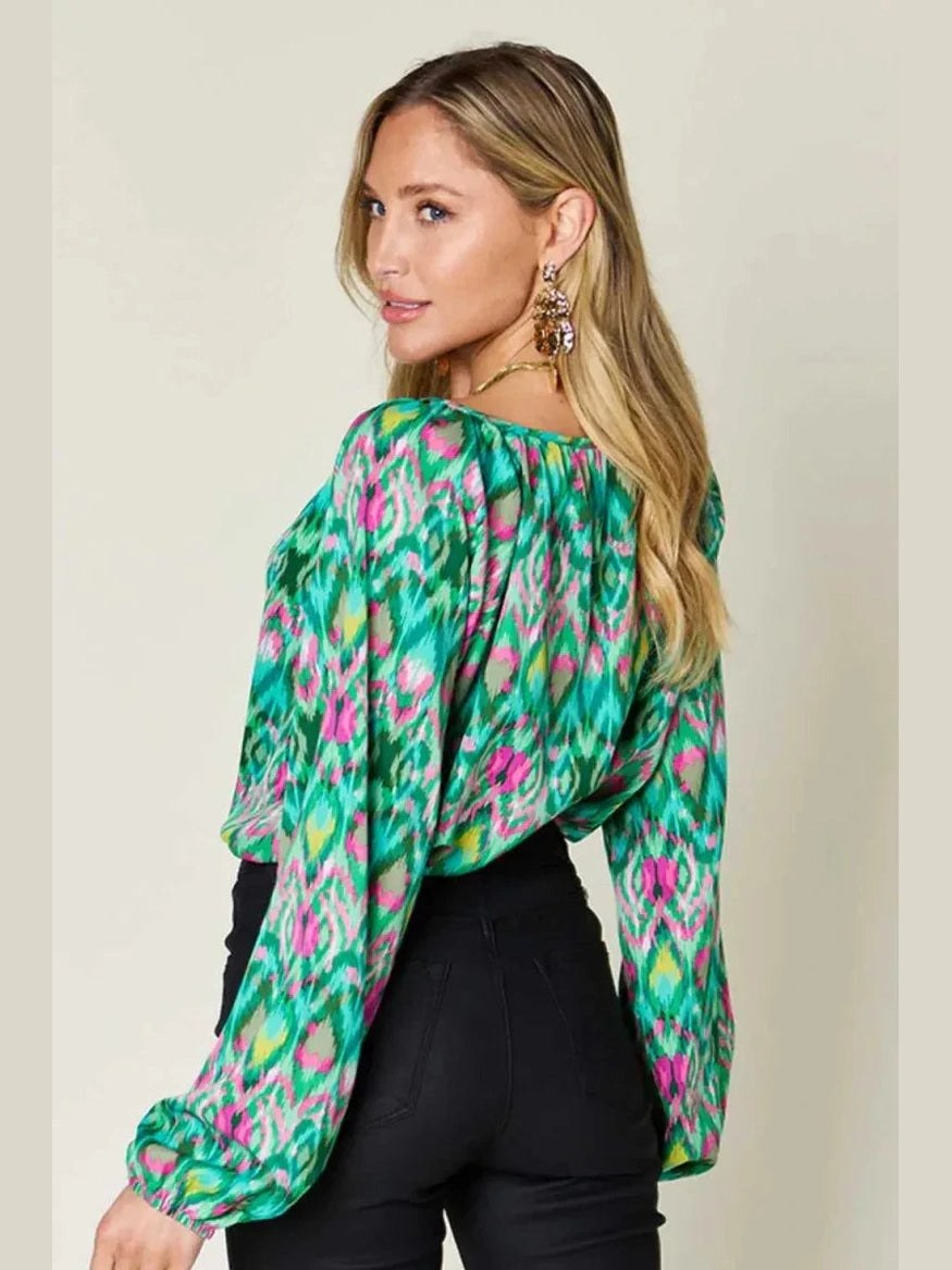 Double Take Full Size Printed Balloon Sleeve Blouse -- 