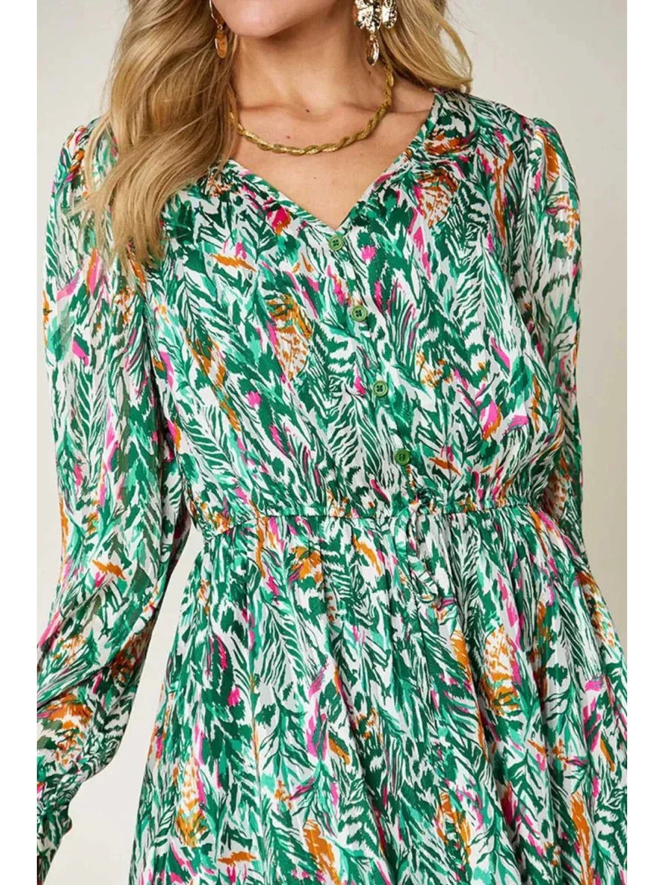 Double Take Full Size Printed Drawstring Waist Long Sleeve Dress -- 