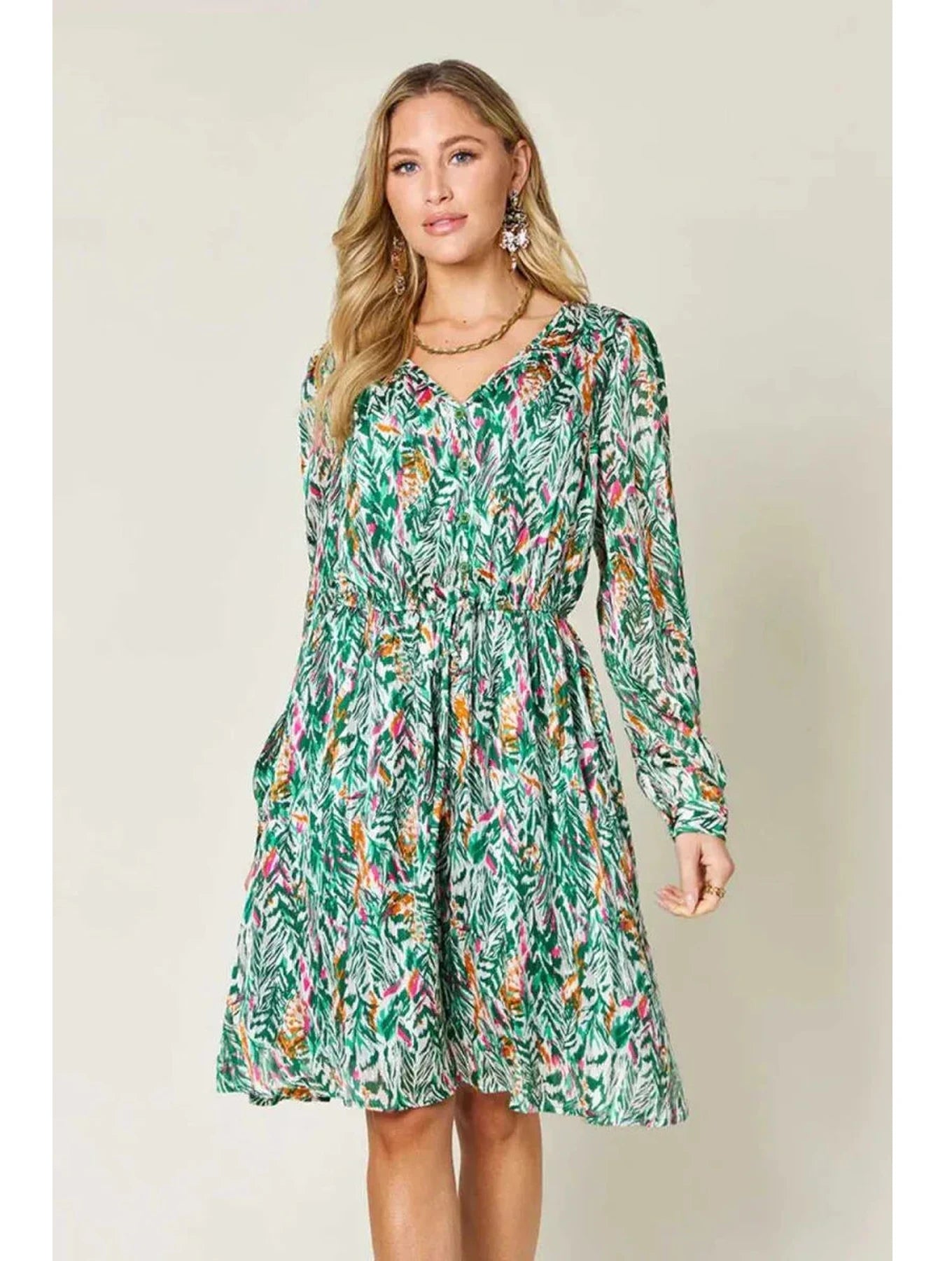 Double Take Full Size Printed Drawstring Waist Long Sleeve Dress -- 