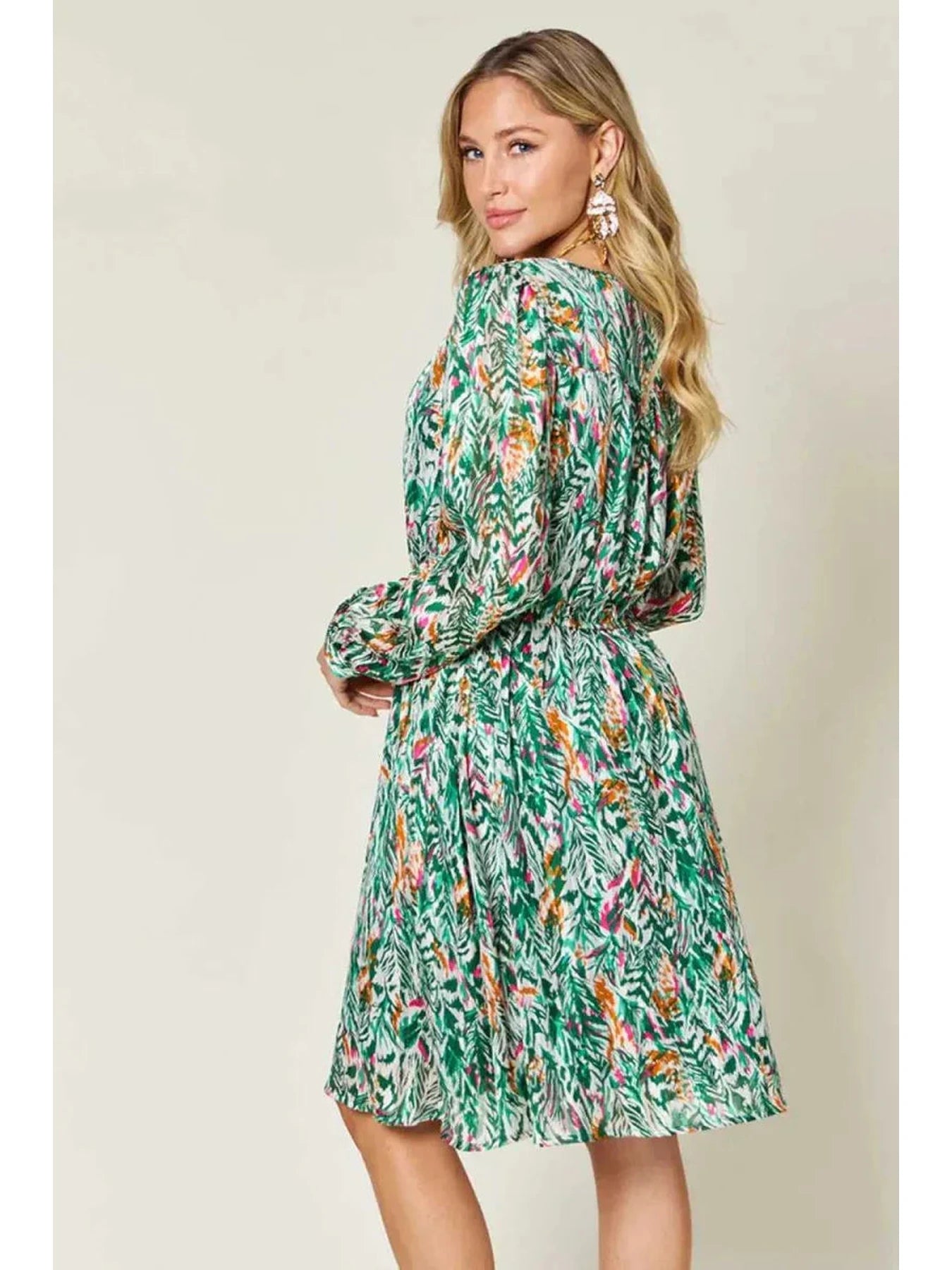 Double Take Full Size Printed Drawstring Waist Long Sleeve Dress -- 