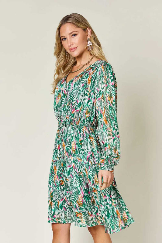 Double Take Full Size Printed Drawstring Waist Long Sleeve Dress - Hopeford Streams