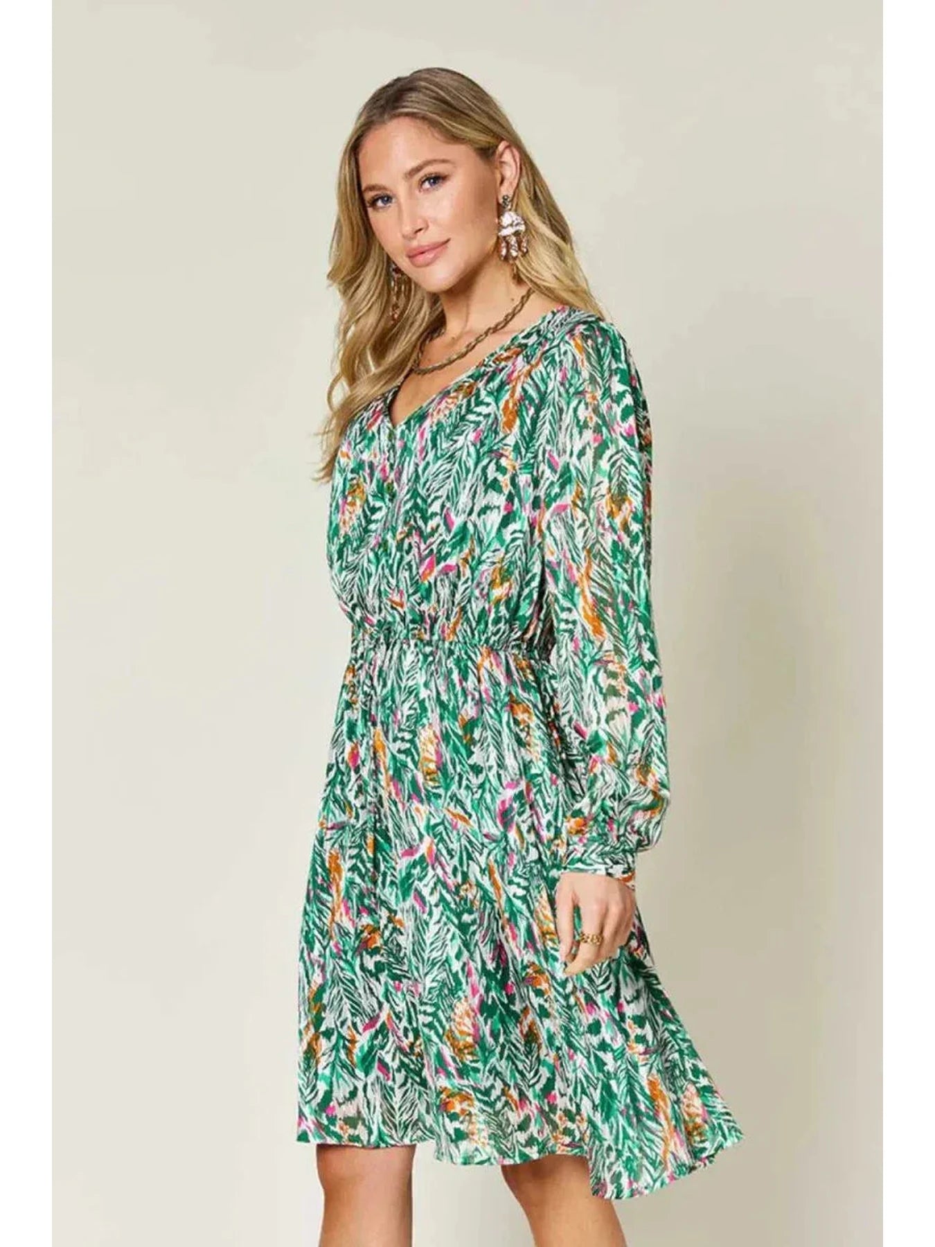 Double Take Full Size Printed Drawstring Waist Long Sleeve Dress -- 