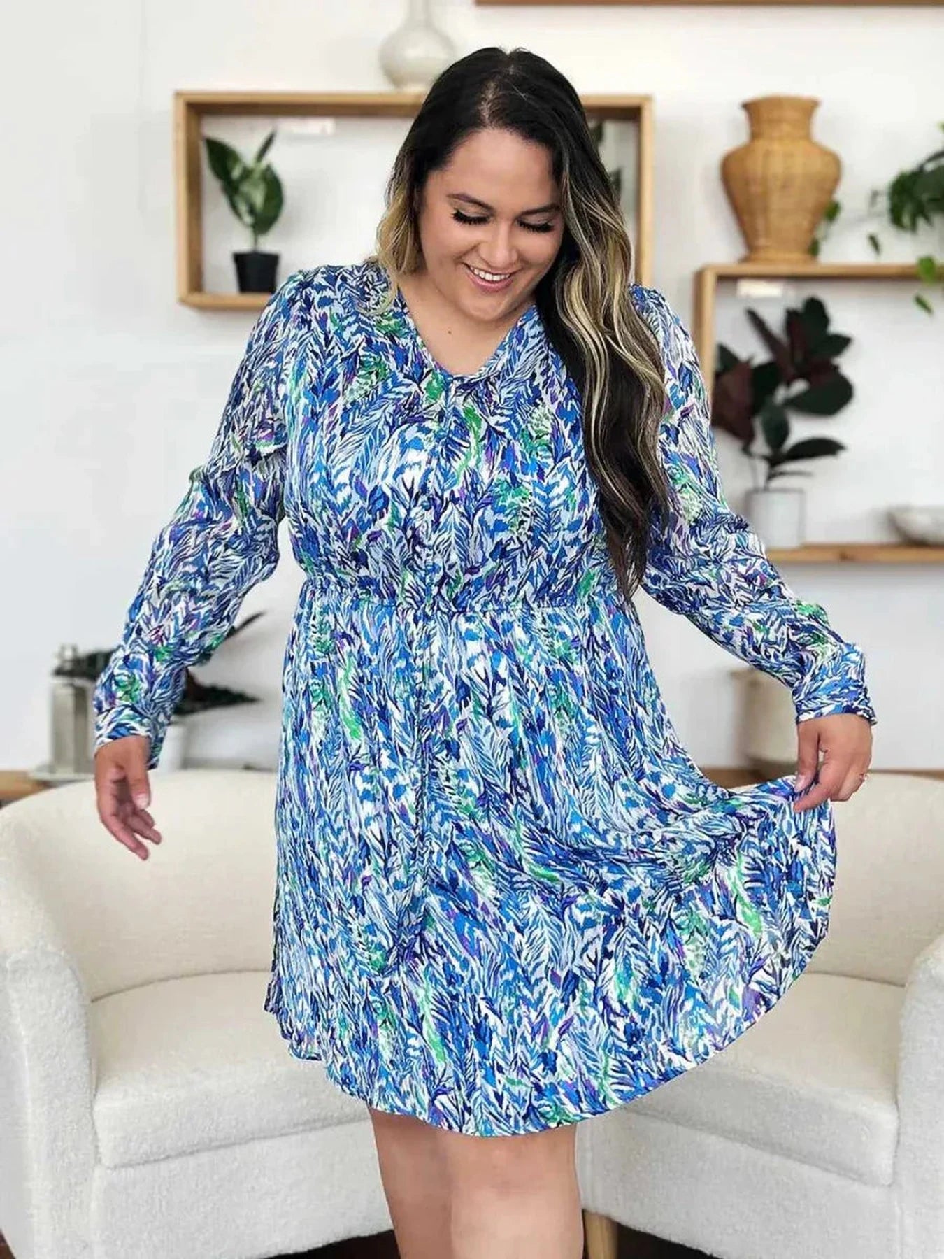 Double Take Full Size Printed Drawstring Waist Long Sleeve Dress -- 