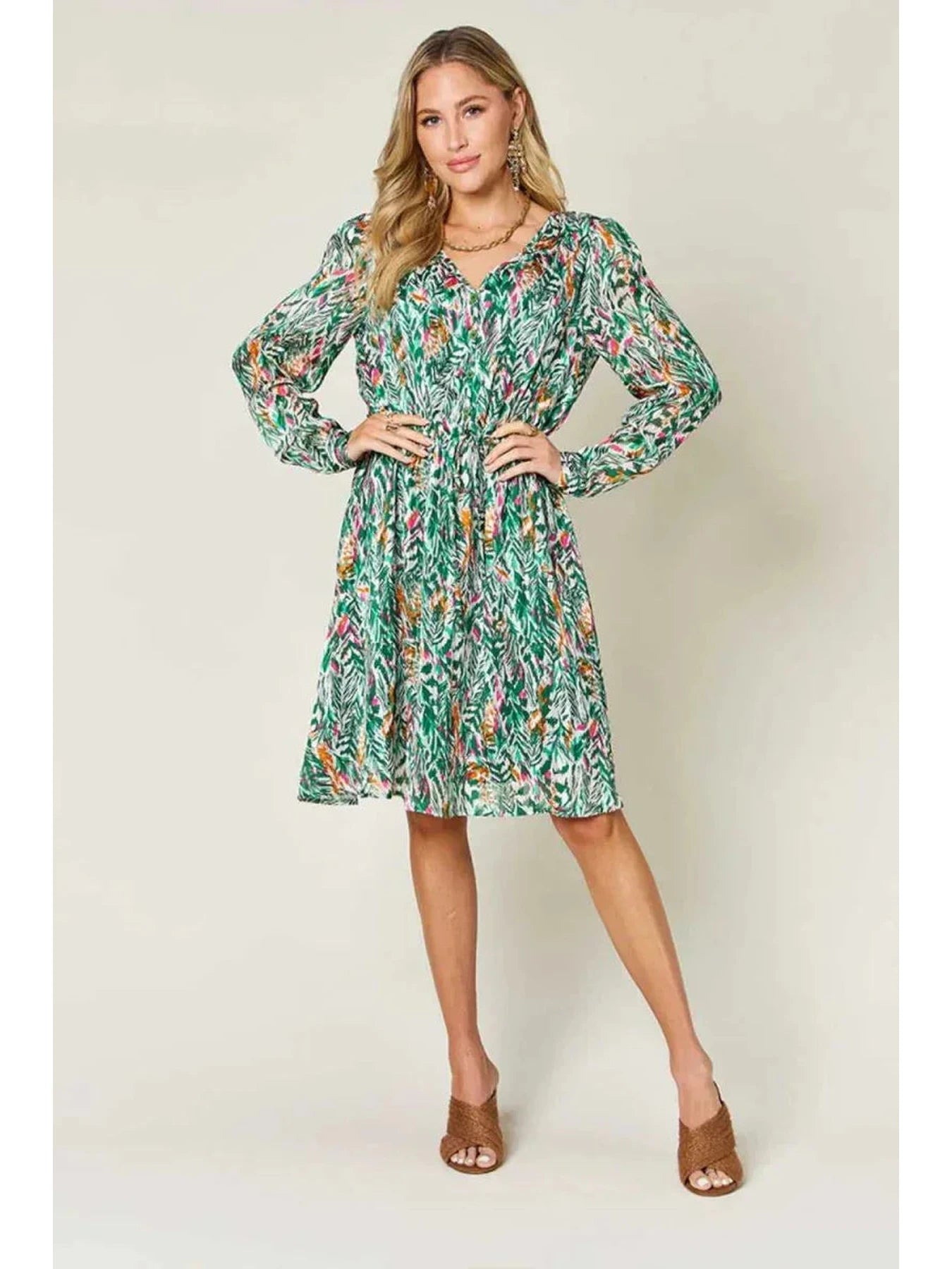 Double Take Full Size Printed Drawstring Waist Long Sleeve Dress -- 