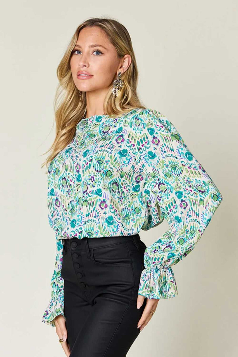 Double Take Full Size Printed Flounce Sleeve Blouse - Hopeford Streams