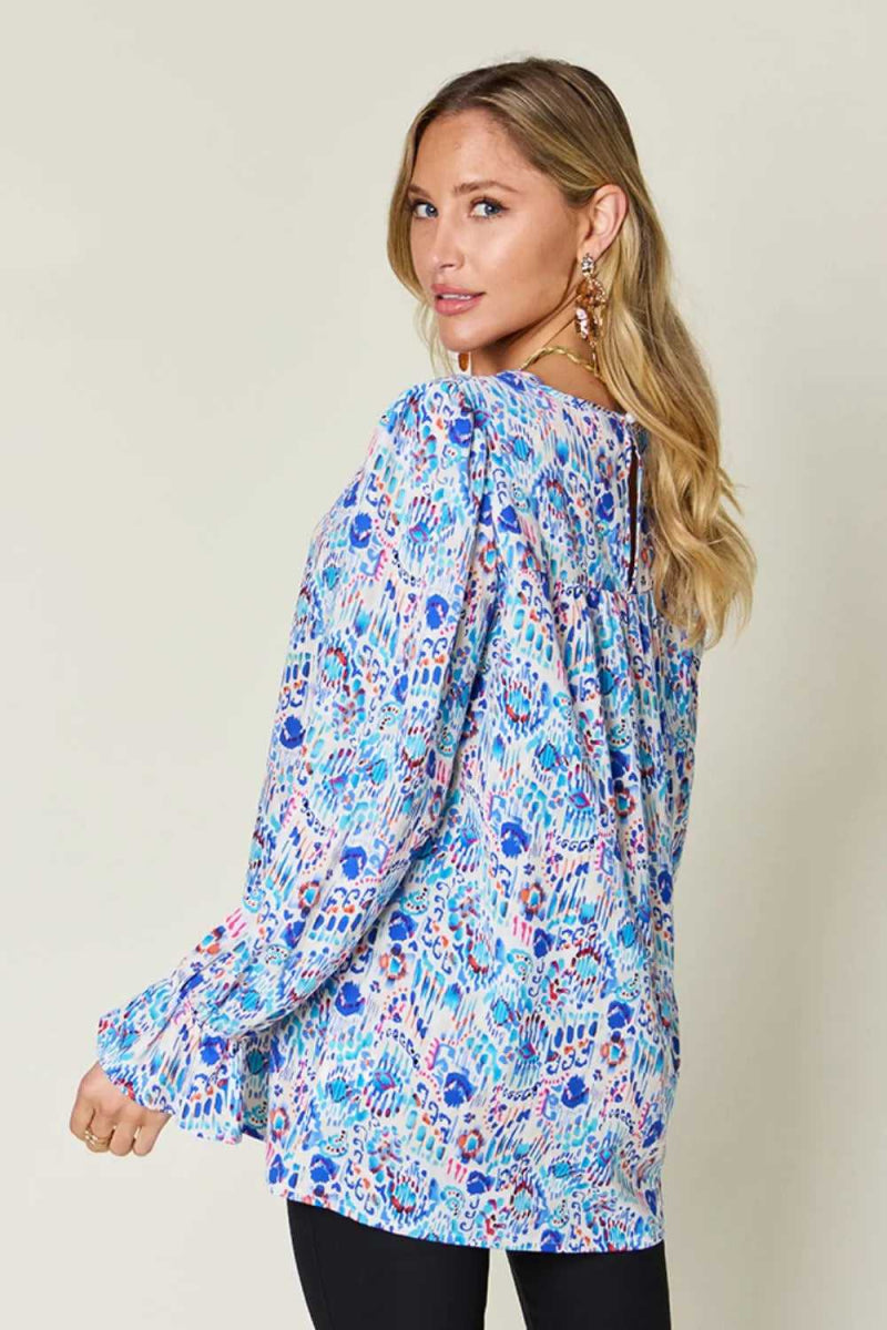 Double Take Full Size Printed Flounce Sleeve Blouse - Hopeford Streams