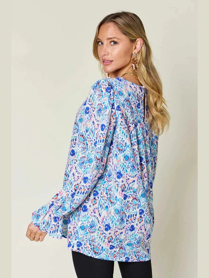 Double Take Full Size Printed Flounce Sleeve Blouse -- 