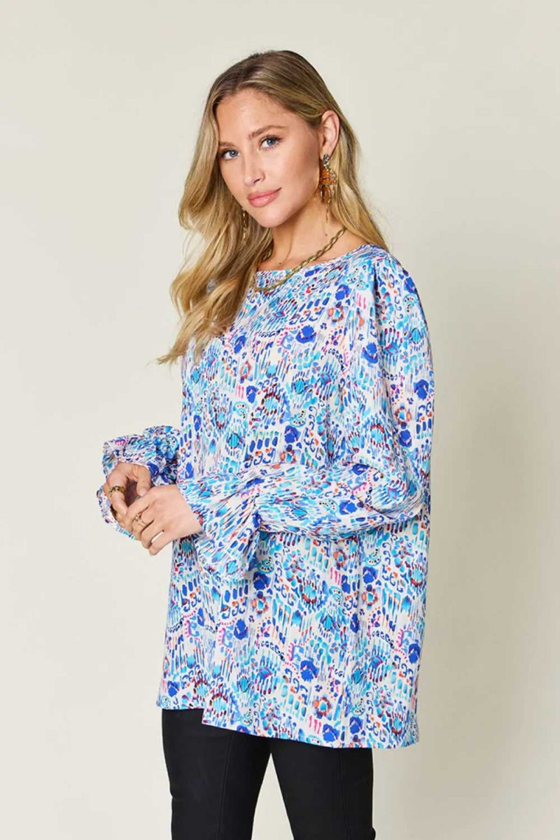 Double Take Full Size Printed Flounce Sleeve Blouse - Hopeford Streams
