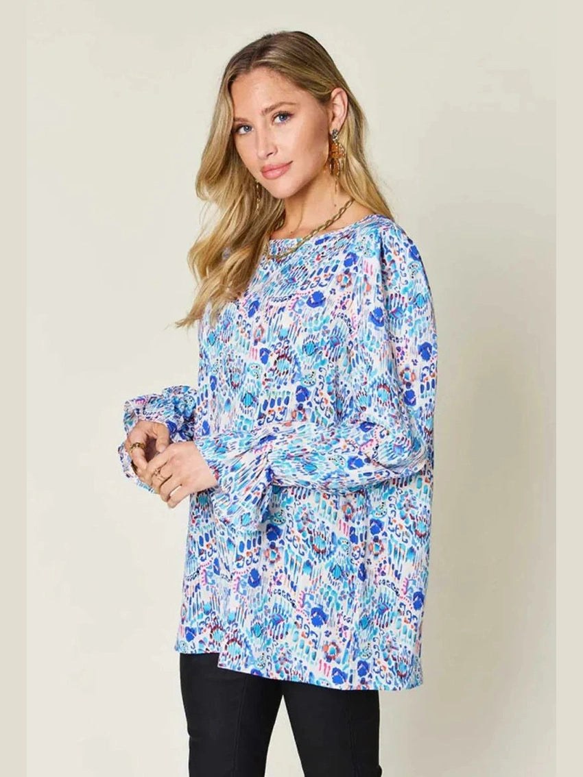 Double Take Full Size Printed Flounce Sleeve Blouse -- 