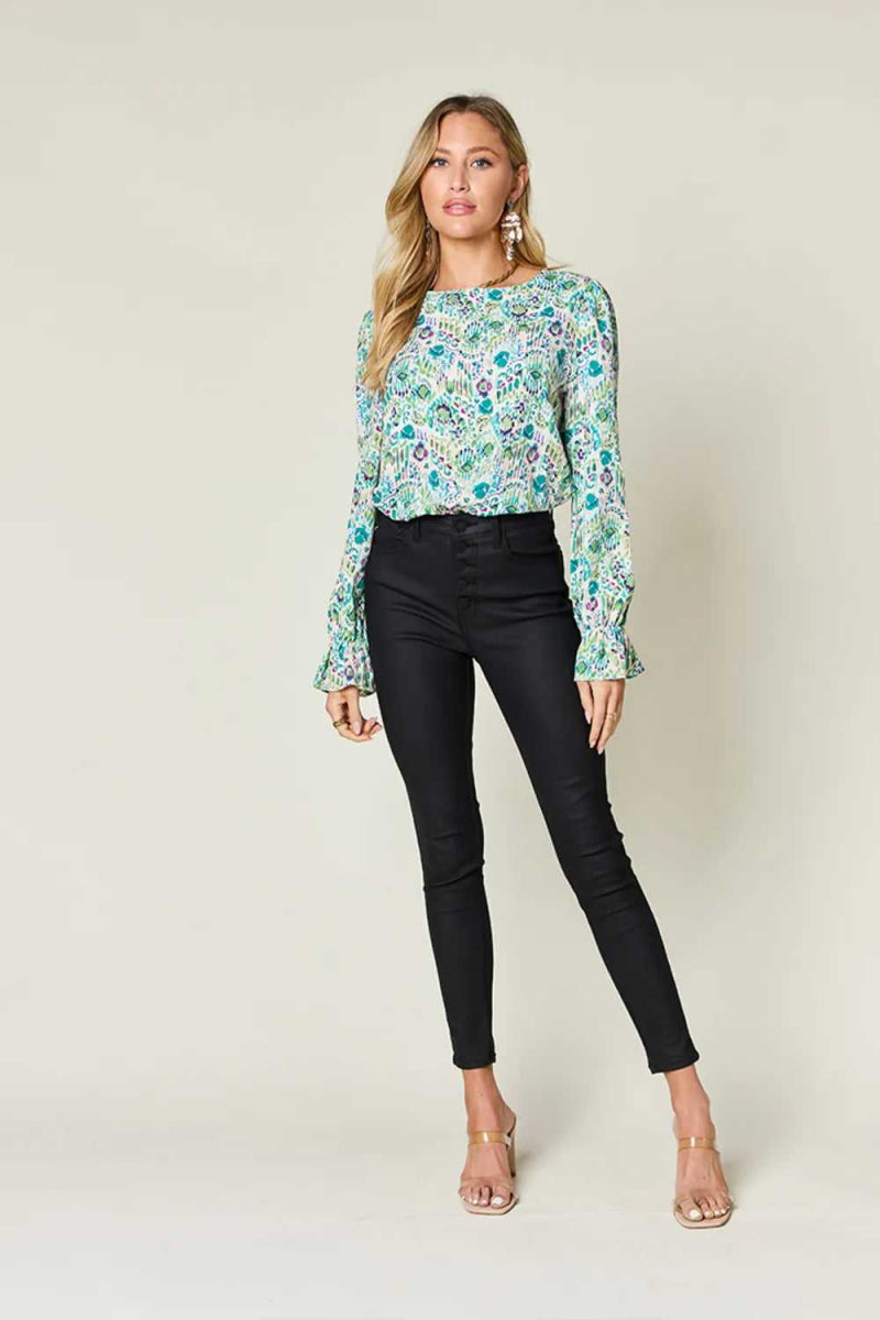 Double Take Full Size Printed Flounce Sleeve Blouse - Hopeford Streams