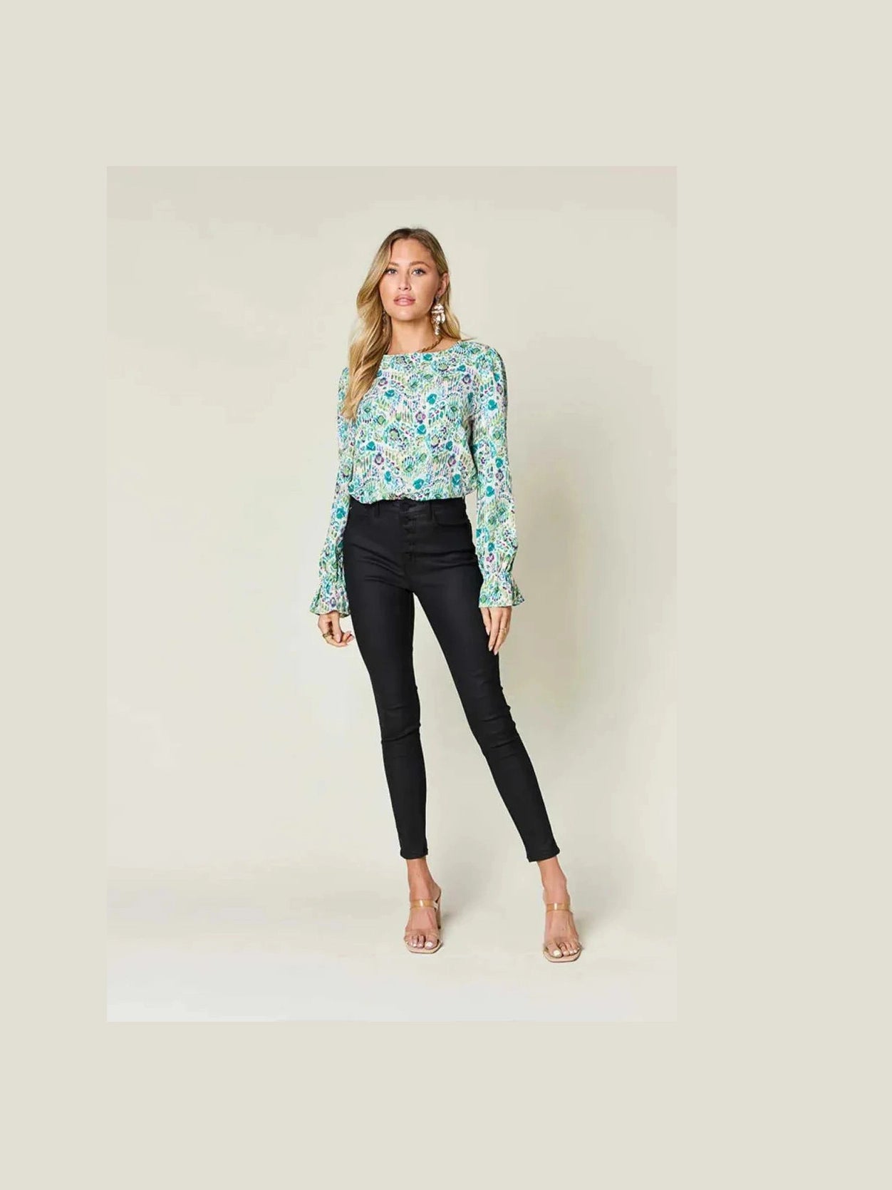 Double Take Full Size Printed Flounce Sleeve Blouse -- 