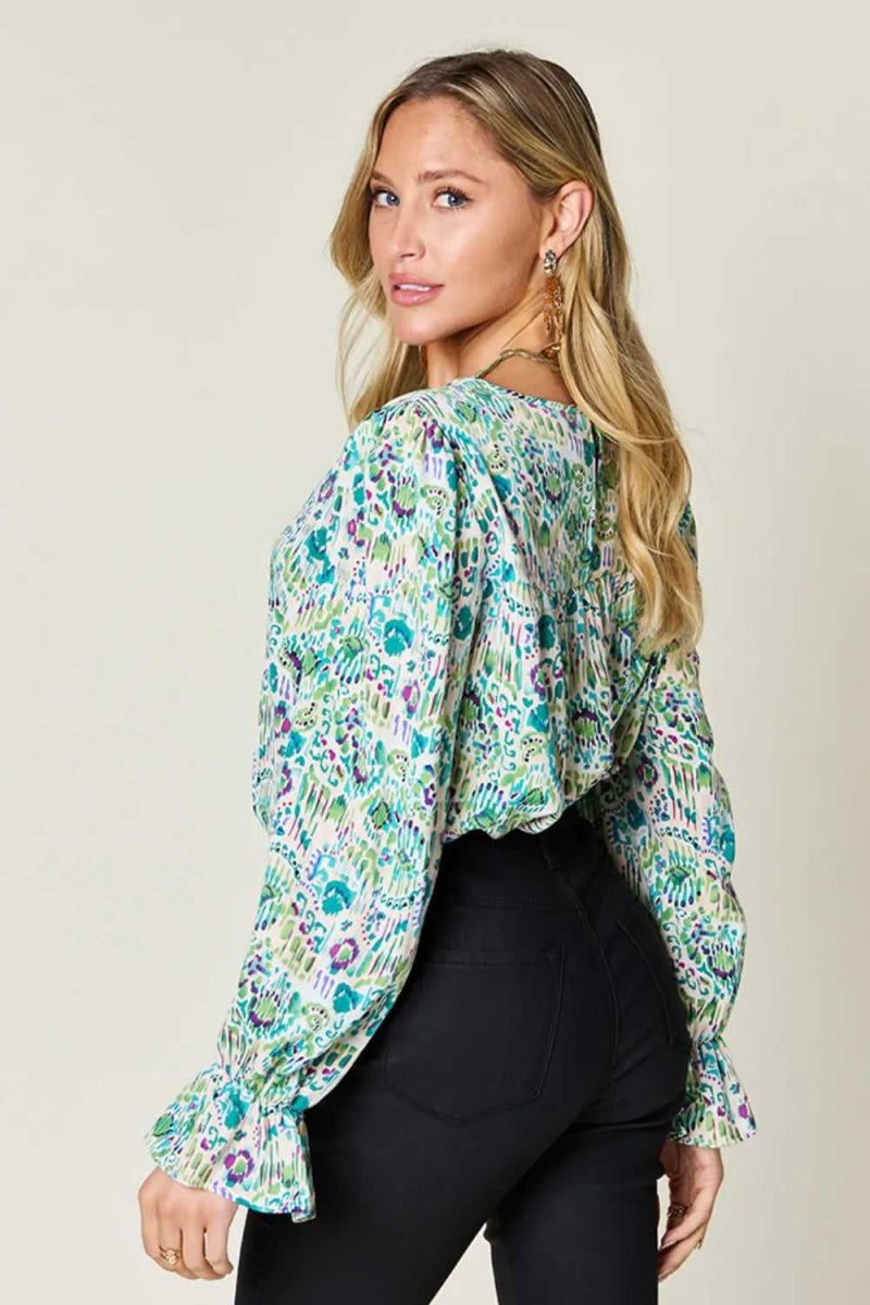 Double Take Full Size Printed Flounce Sleeve Blouse - Hopeford Streams