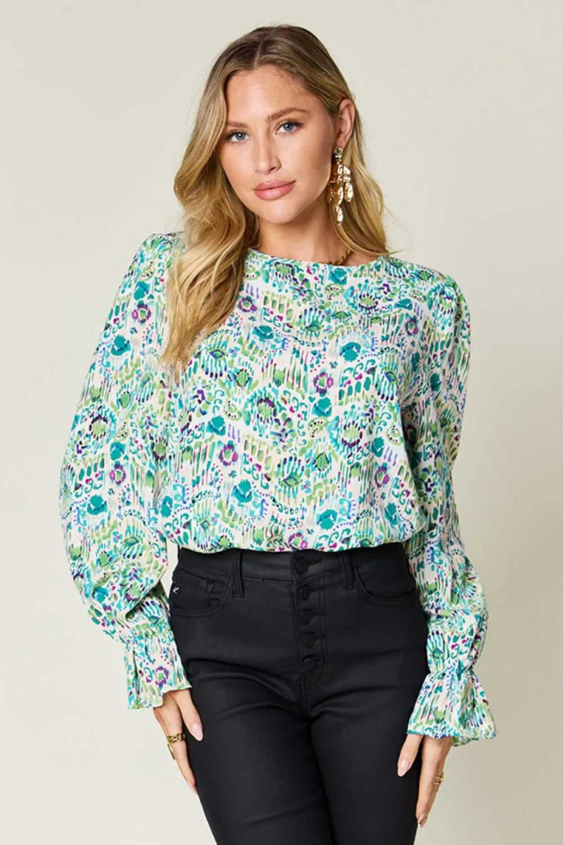 Double Take Full Size Printed Flounce Sleeve Blouse - Hopeford Streams
