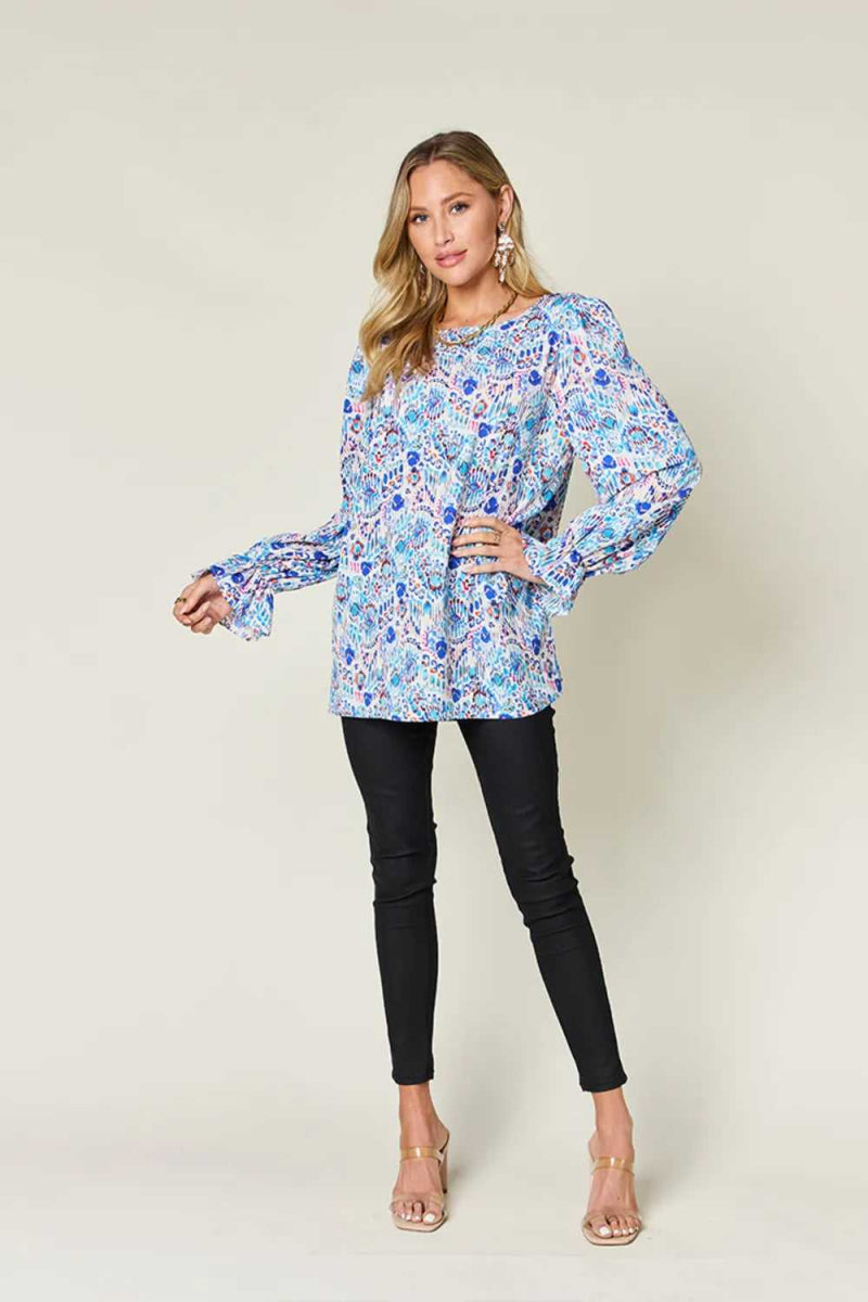 Double Take Full Size Printed Flounce Sleeve Blouse - Hopeford Streams