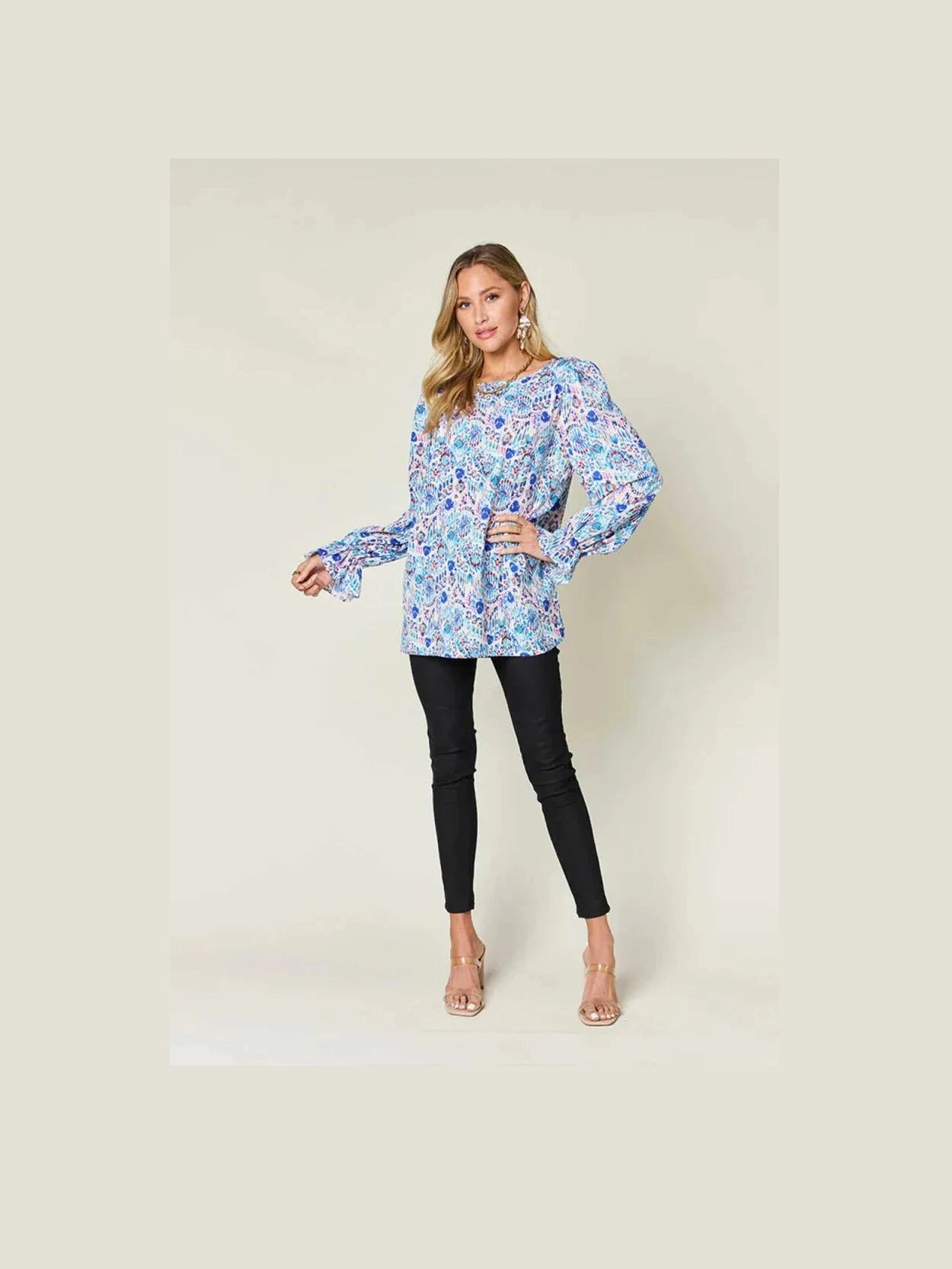 Double Take Full Size Printed Flounce Sleeve Blouse -- 