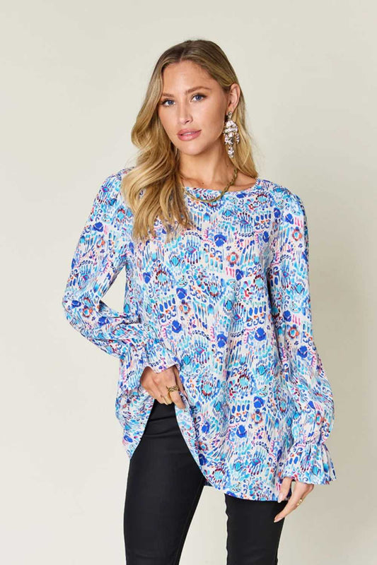 Double Take Full Size Printed Flounce Sleeve Blouse - Hopeford Streams
