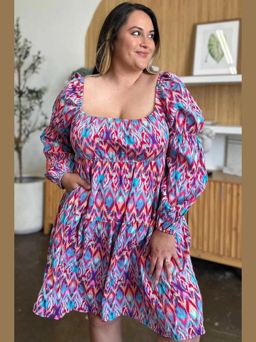 Double Take Full Size Printed Long Sleeve Dress -- 