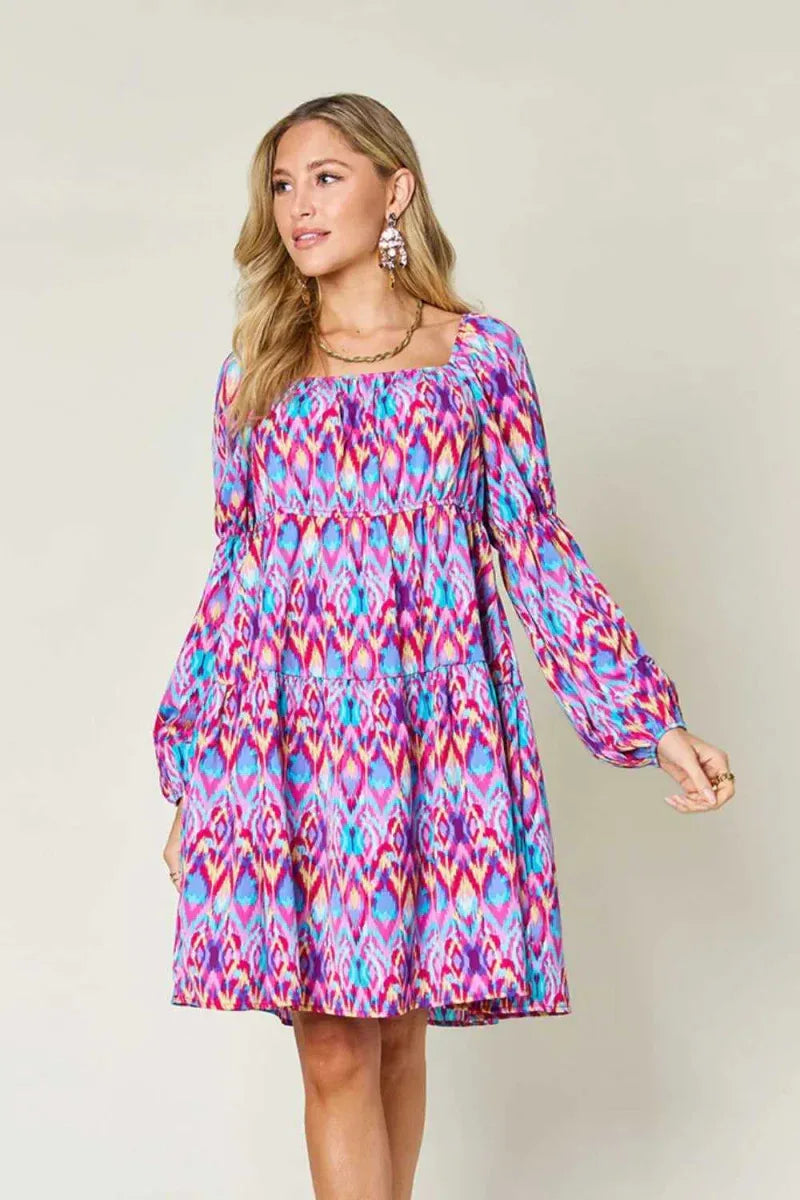 Double Take Full Size Printed Long Sleeve Dress -- 