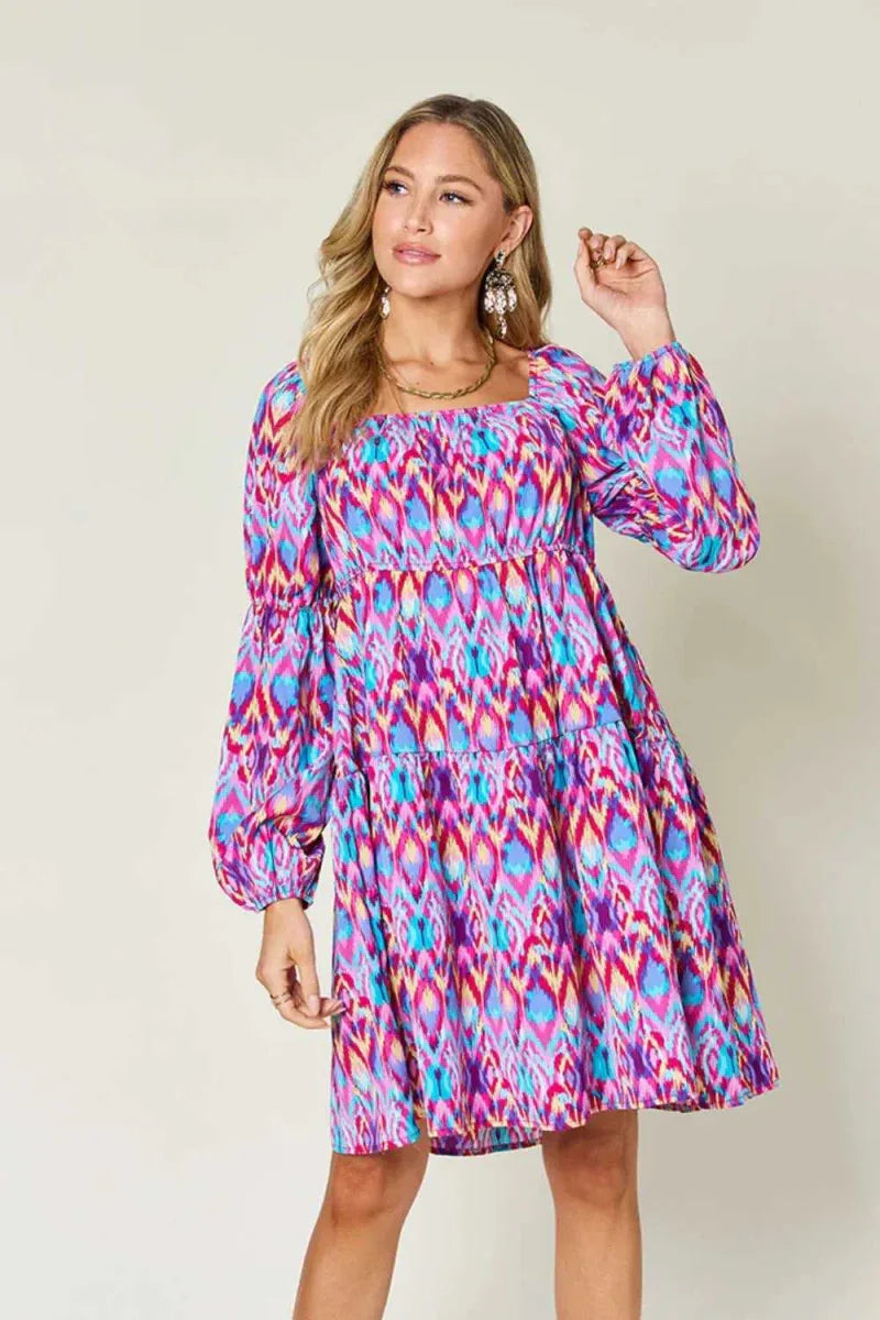 Double Take Full Size Printed Long Sleeve Dress -- 