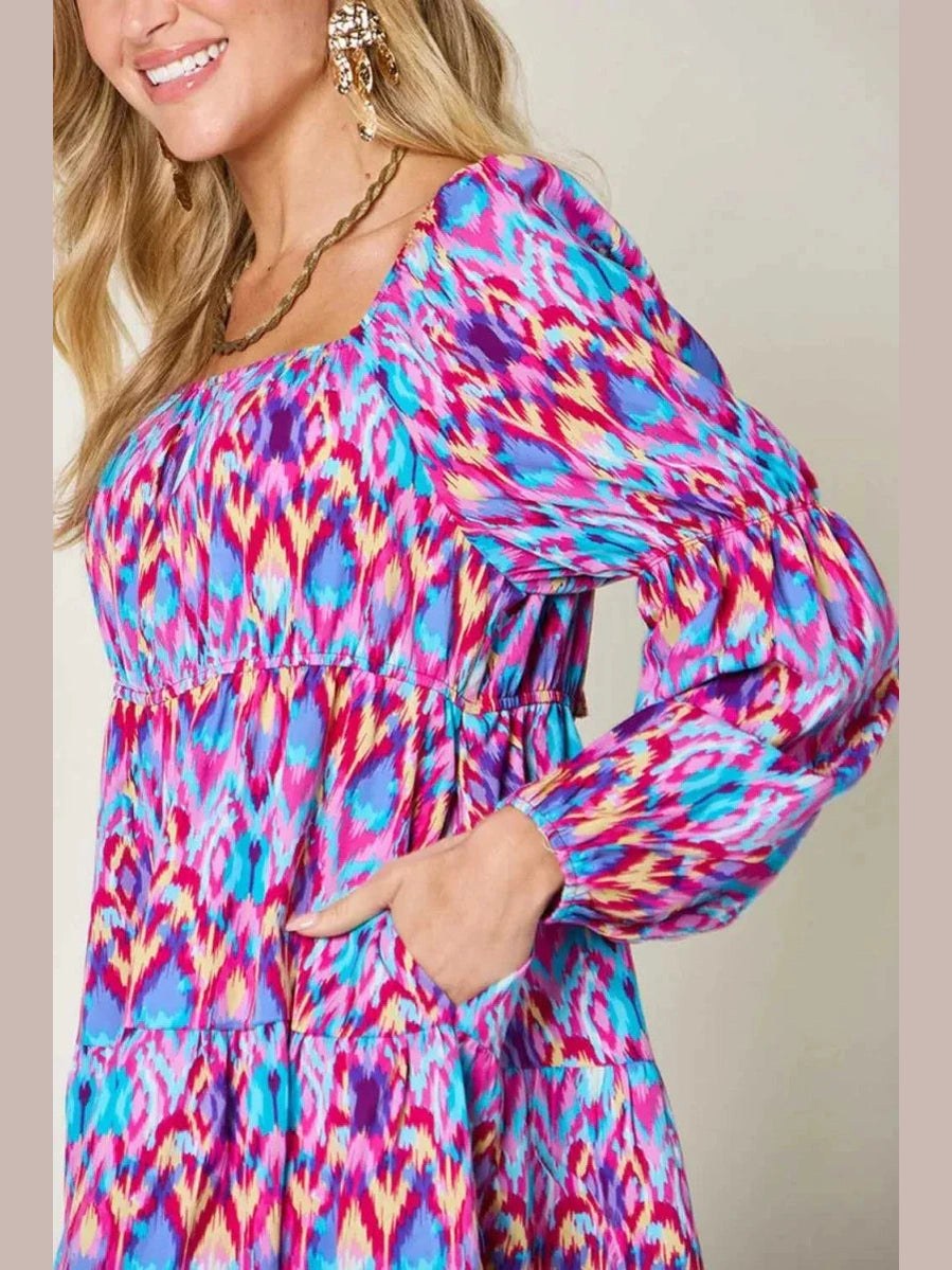 Double Take Full Size Printed Long Sleeve Dress -- 