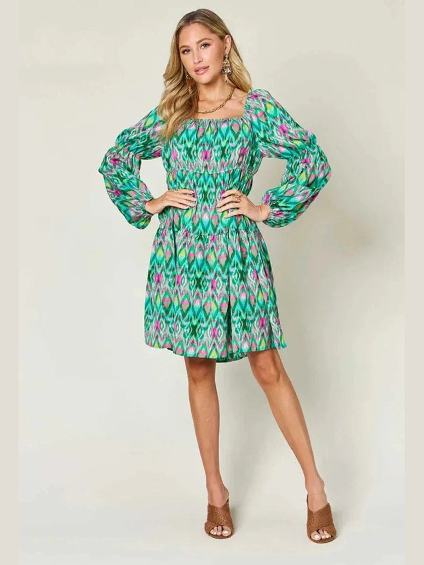 Double Take Full Size Printed Long Sleeve Dress -- 