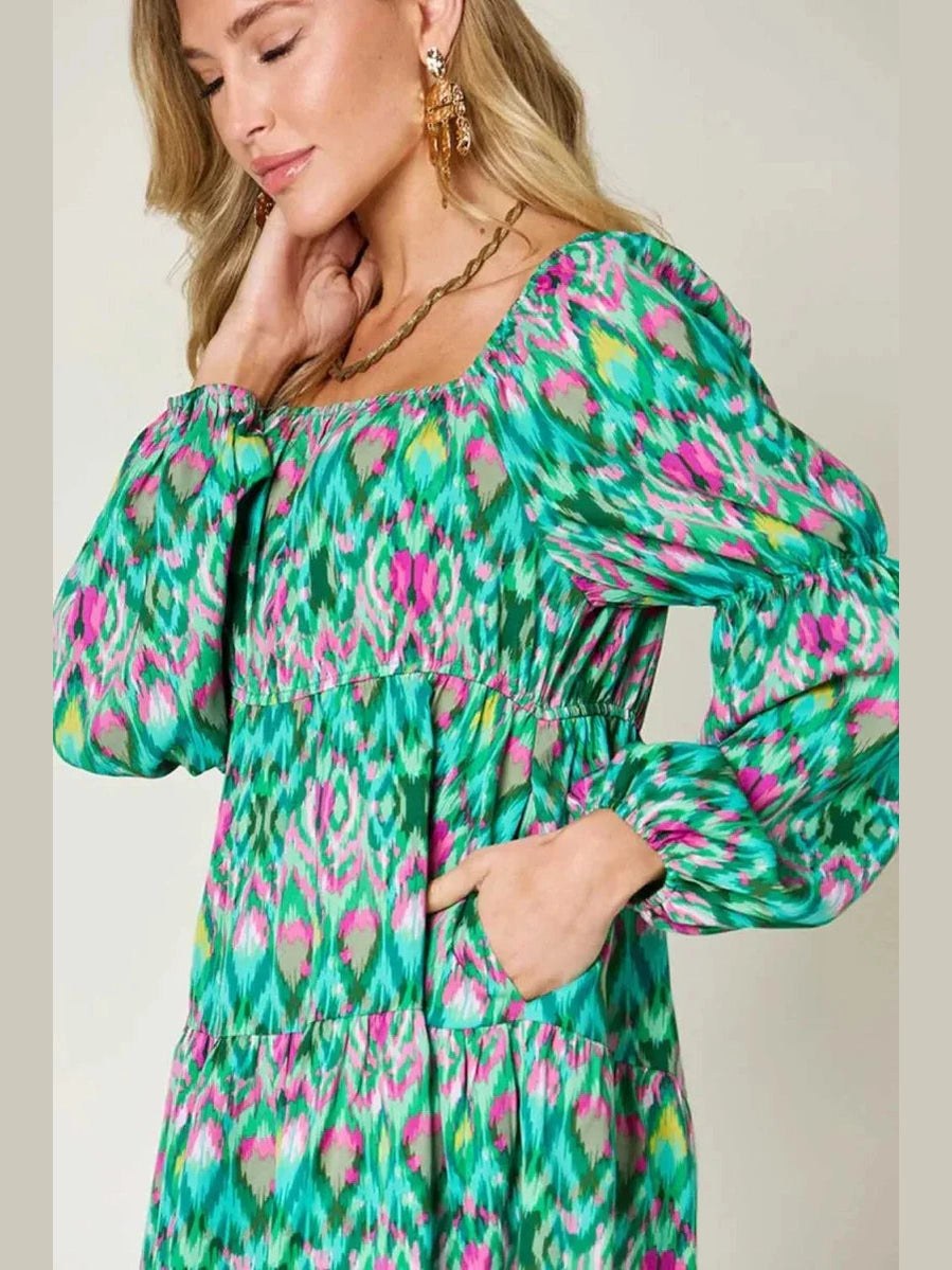 Double Take Full Size Printed Long Sleeve Dress -- 