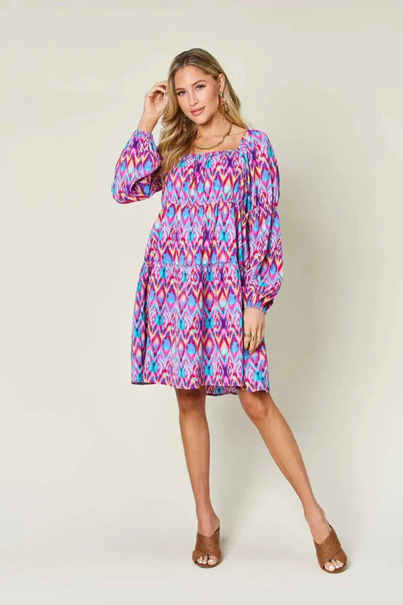Double Take Full Size Printed Long Sleeve Dress -- 
