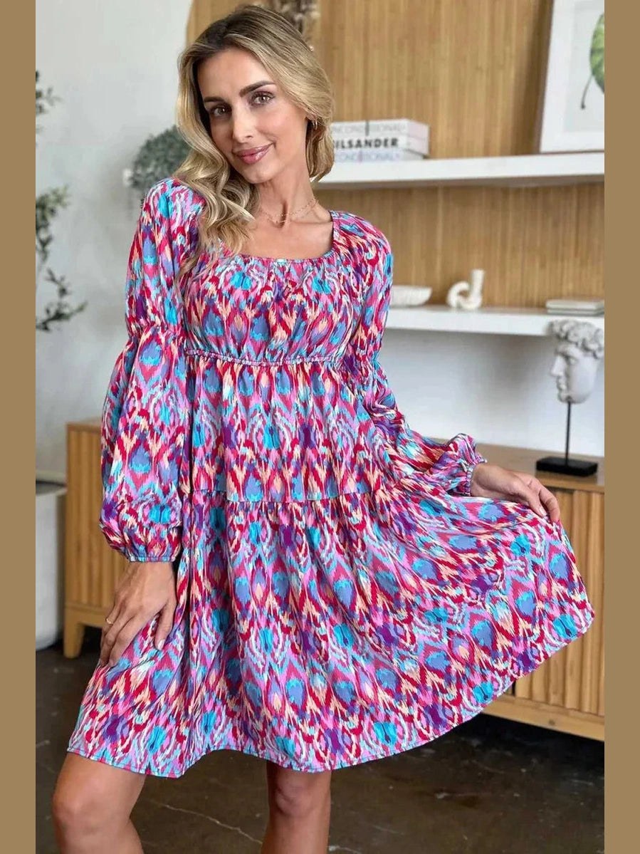 Double Take Full Size Printed Long Sleeve Dress -- 