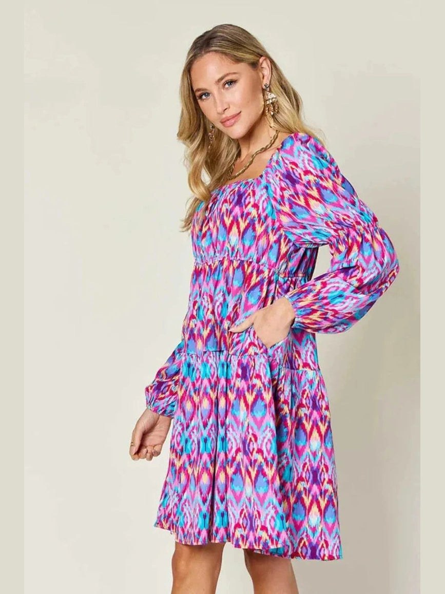 Double Take Full Size Printed Long Sleeve Dress -- 
