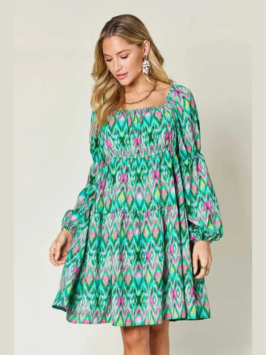 Double Take Full Size Printed Long Sleeve Dress -- 