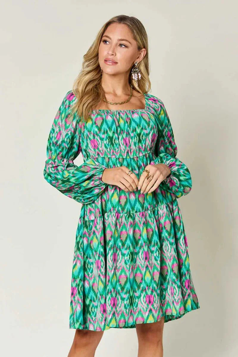 Double Take Full Size Printed Long Sleeve Dress -- 