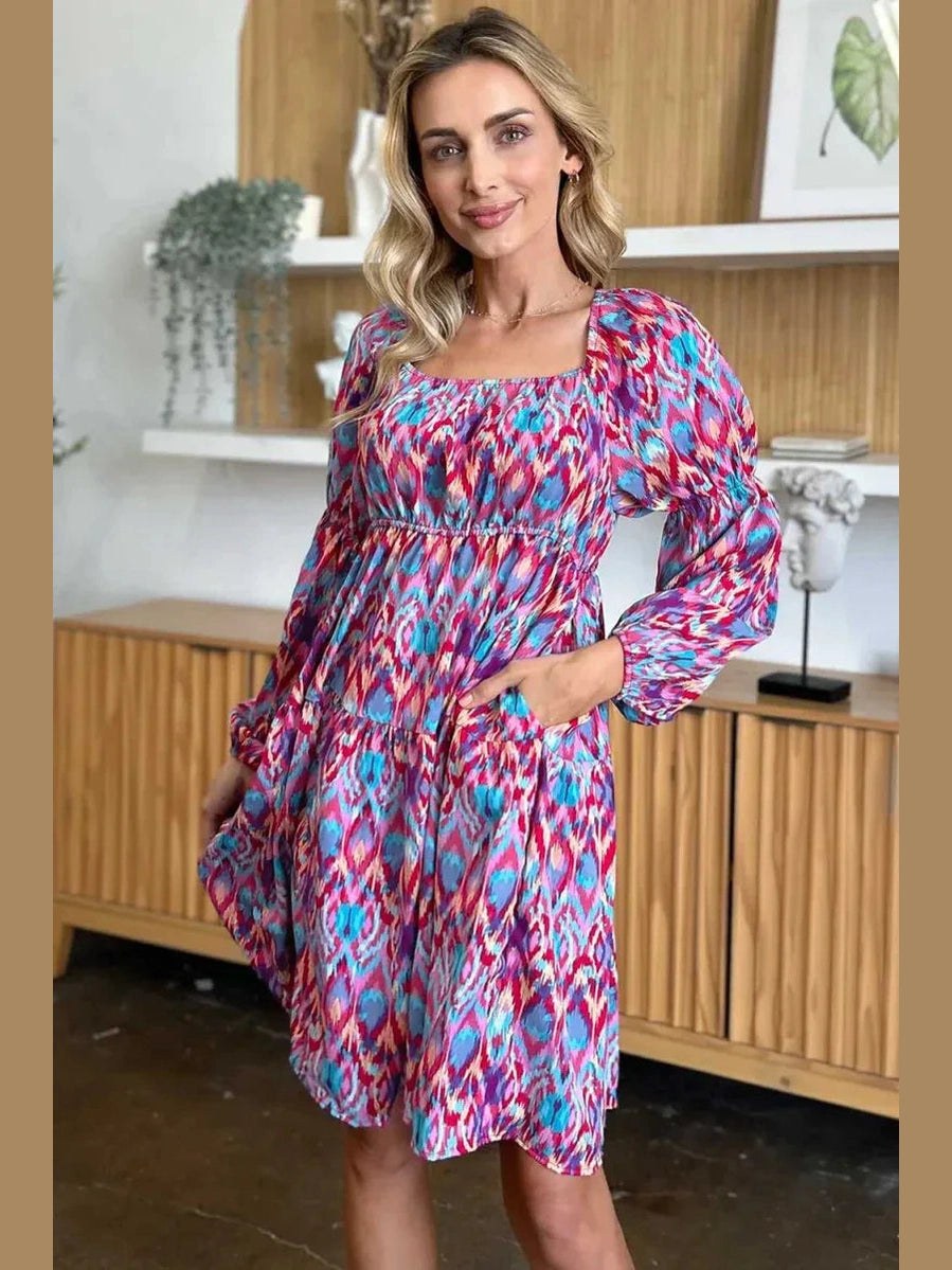 Double Take Full Size Printed Long Sleeve Dress -- 