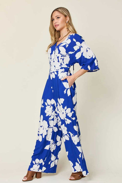 Double Take Full Size Printed Tie Back Wide Leg Jumpsuit - Hopeford Streams