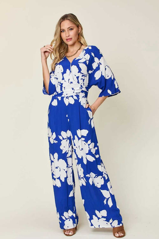 Double Take Full Size Printed Tie Back Wide Leg Jumpsuit - Hopeford Streams
