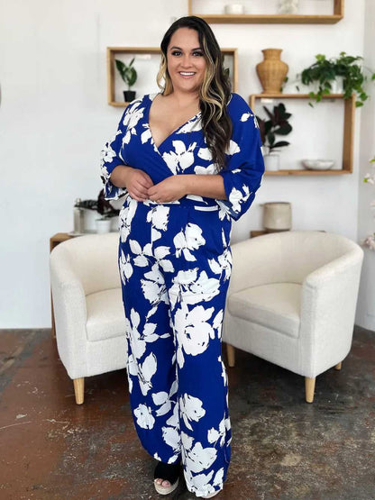 Double Take Full Size Printed Tie Back Wide Leg Jumpsuit - Hopeford Streams