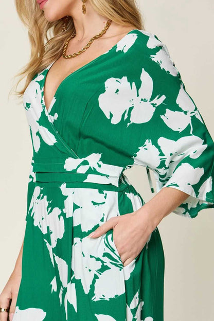 Double Take Full Size Printed Tie Back Wide Leg Jumpsuit - Hopeford Streams