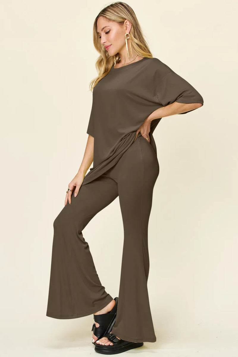 Double Take Full Size Round Neck Drop Shoulder T-Shirt and Flare Pants Set - Hopeford Streams