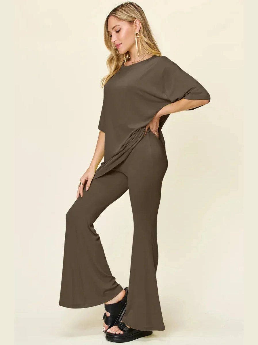 Double Take Full Size Round Neck Drop Shoulder T-Shirt and Flare Pants Set -- 