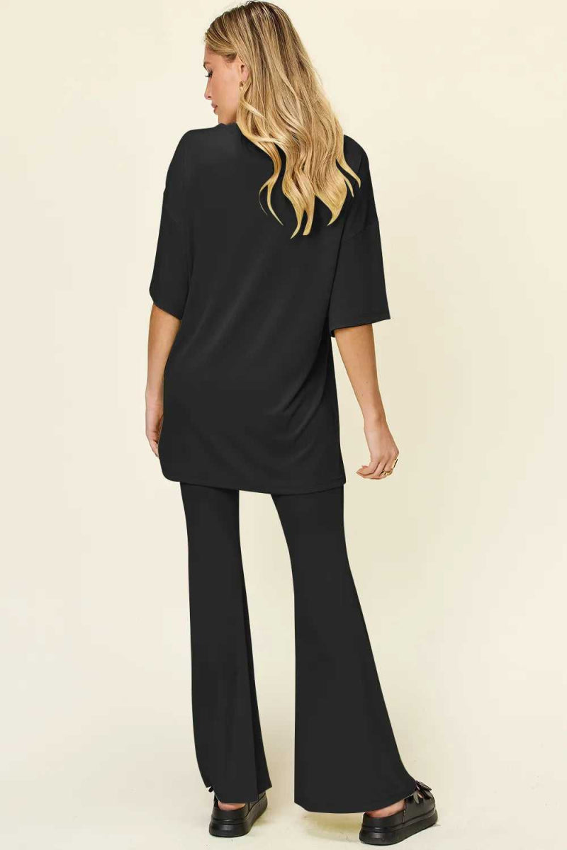 Double Take Full Size Round Neck Drop Shoulder T-Shirt and Flare Pants Set - Hopeford Streams