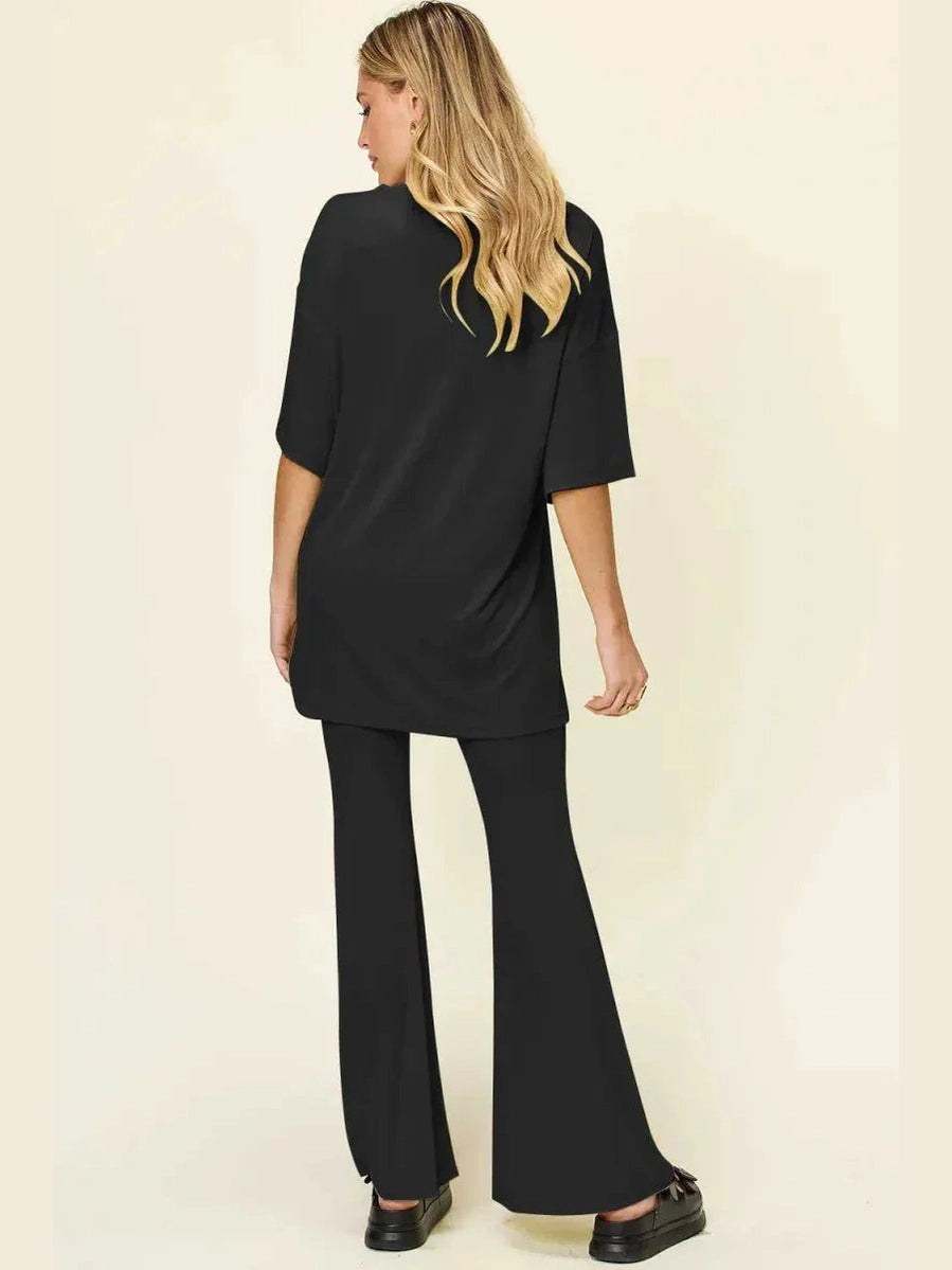 Double Take Full Size Round Neck Drop Shoulder T-Shirt and Flare Pants Set -- 